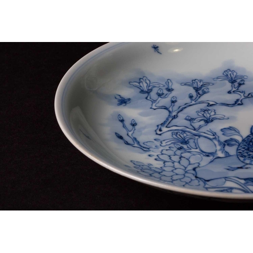 316 - A Chinese blue and white saucer dish, painted with a pheasant perched on rockwork surrounded by blos... 