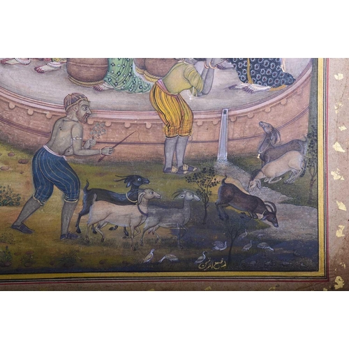 324 - Indian School, 19th century, a detailed landscape panorama, depicting a Shah taking water at a provi... 