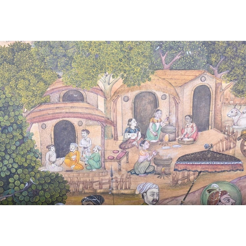 324 - Indian School, 19th century, a detailed landscape panorama, depicting a Shah taking water at a provi... 