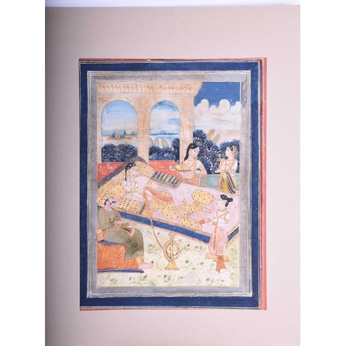 329 - Indian school, 18th century, Maharani reclining on charpoy with huqqa, with Maharaja and attendants,... 