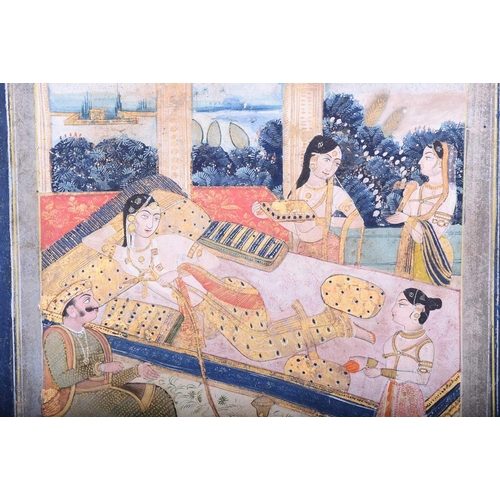 329 - Indian school, 18th century, Maharani reclining on charpoy with huqqa, with Maharaja and attendants,... 