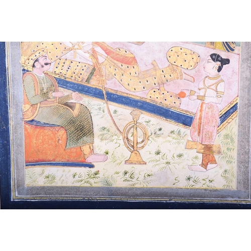 329 - Indian school, 18th century, Maharani reclining on charpoy with huqqa, with Maharaja and attendants,... 