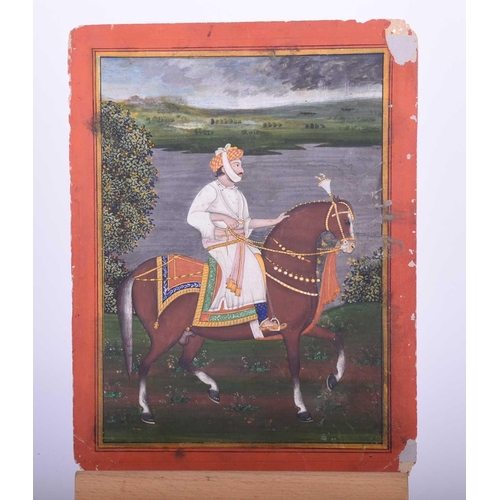 331 - Indian school, 19th century, Royal Prince on horse, before a river and landscape, within yellow and ... 