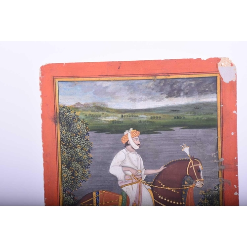 331 - Indian school, 19th century, Royal Prince on horse, before a river and landscape, within yellow and ... 