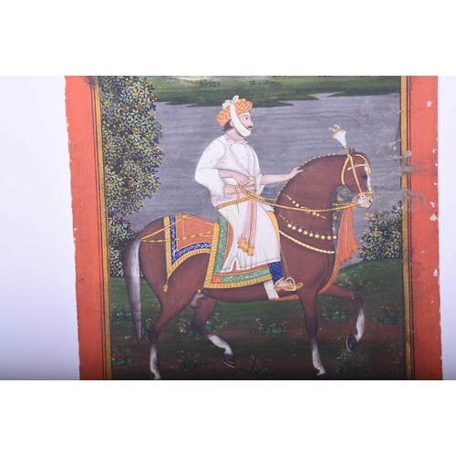 331 - Indian school, 19th century, Royal Prince on horse, before a river and landscape, within yellow and ... 