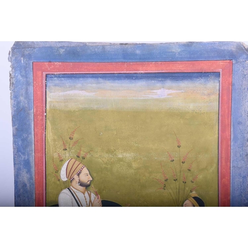 334 - Indian School, 19th century, A Shah with huqqa and attendant, within red and blue borders, gouache, ... 