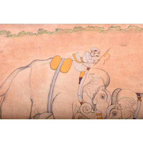 335 - Indian school, 19th century, Mahouts on fighting elephants, within a red border, gouache with wax re... 