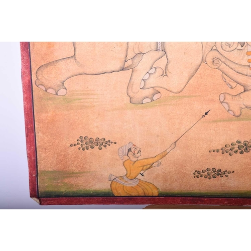 335 - Indian school, 19th century, Mahouts on fighting elephants, within a red border, gouache with wax re... 