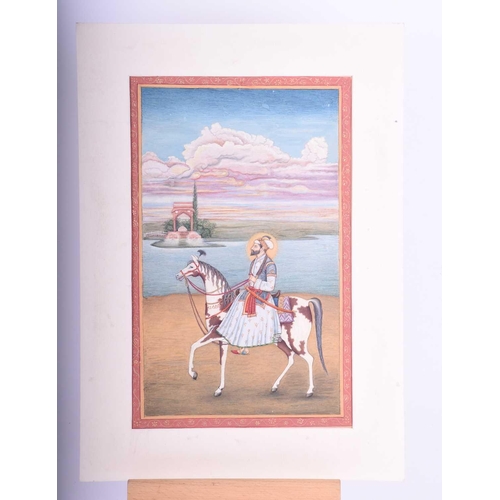 338 - Indian School, 19th century, Shah Jahan upon a skewbald horse, a river anf temple gate beyond, withi... 