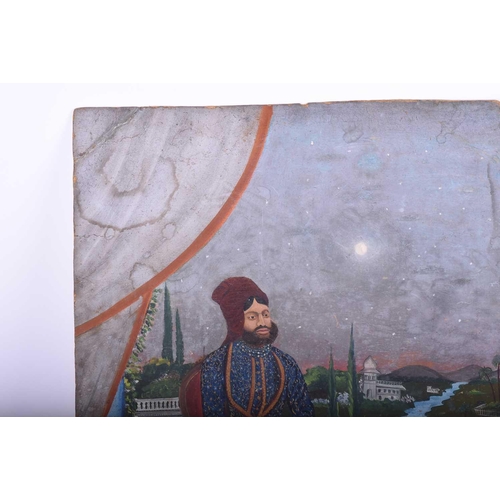 339 - Indian School, 19th century, Persian Shah seated on a tiled terrace in moonlight, signed ll, gouache... 