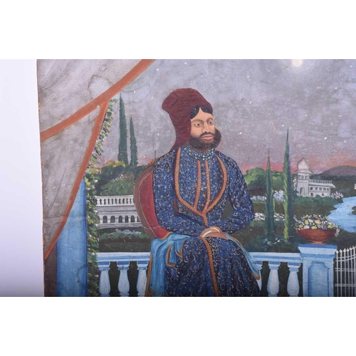 339 - Indian School, 19th century, Persian Shah seated on a tiled terrace in moonlight, signed ll, gouache... 