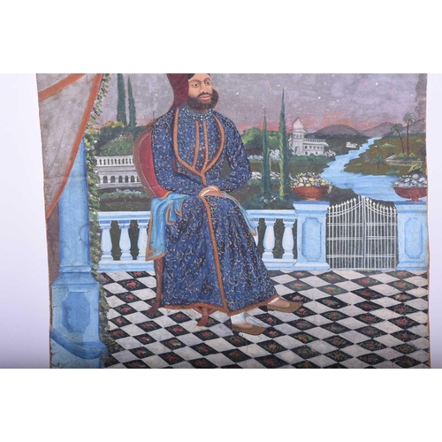 339 - Indian School, 19th century, Persian Shah seated on a tiled terrace in moonlight, signed ll, gouache... 