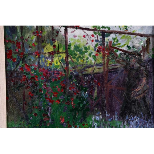 34 - Josephine Ghilchick (1890-1981), a lady in a cottage garden, oil on canvas, signed to lower right co... 