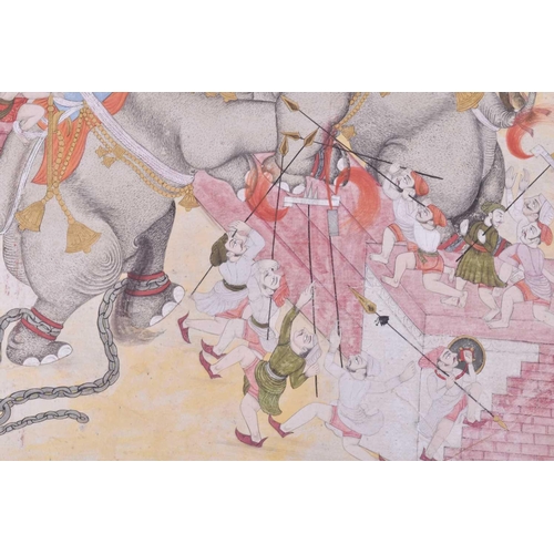 346 - Indian School, 19th century, a war party with battling elephants, gouache, 35 x 33.5cm