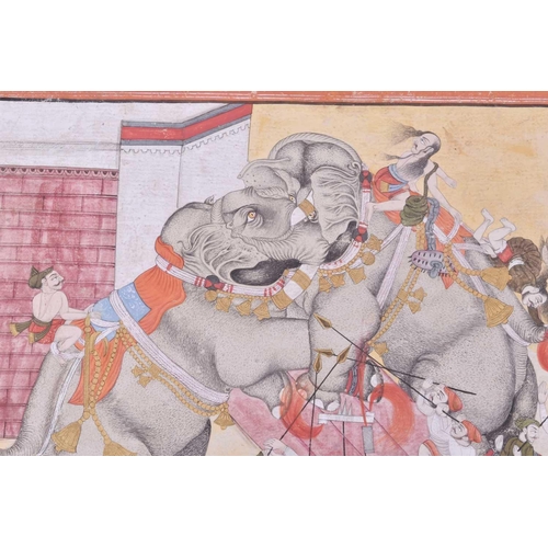 346 - Indian School, 19th century, a war party with battling elephants, gouache, 35 x 33.5cm