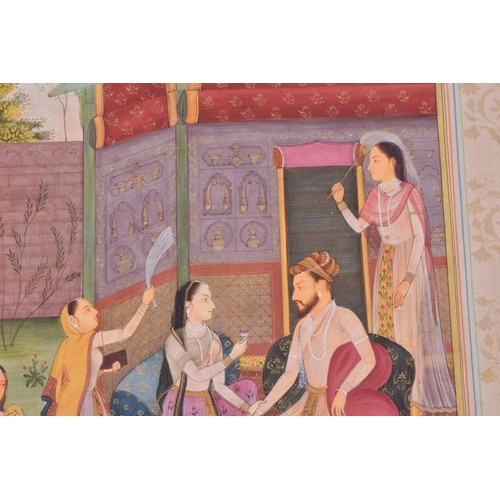 347 - Indian School, late 19th /20th century, Shah Jahan taking wine, with attendants, within a gilt stamp... 