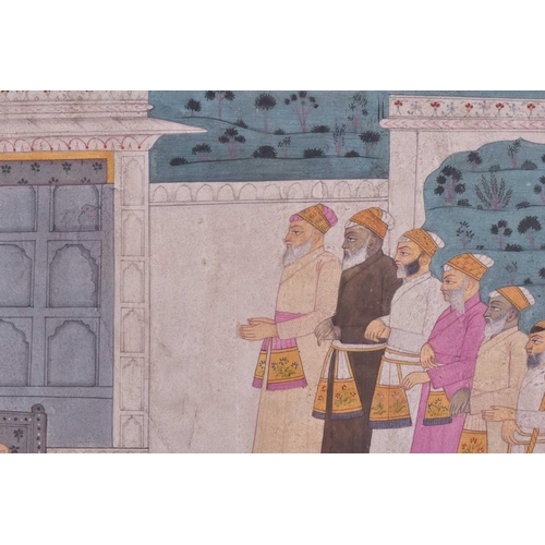 348 - Indian School, 19th/20th century, a seated Shah with courtiers, gouache, 23.5 x 32.5cm