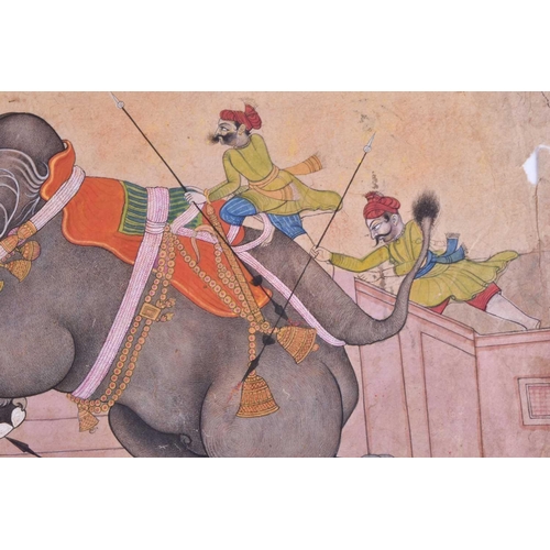 351 - Indian School, 18th/19th century, fighting elephants with mahouts up, an emperor overseeing on a bal... 