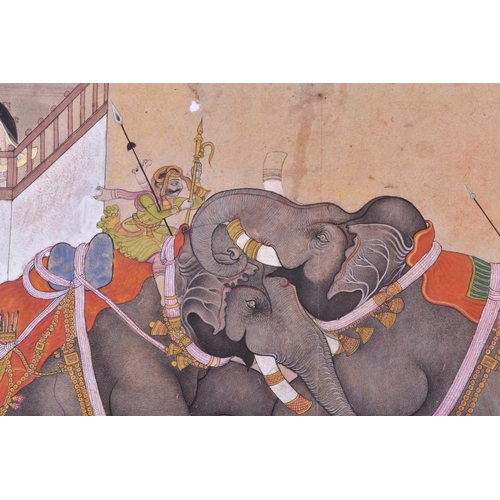 351 - Indian School, 18th/19th century, fighting elephants with mahouts up, an emperor overseeing on a bal... 