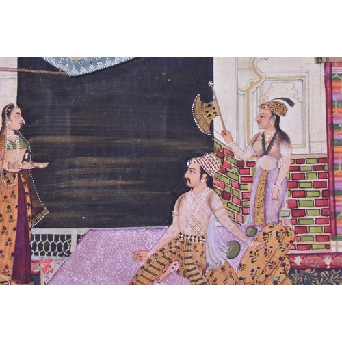 353 - Indian School, 19th century, A Shah upon a low bed beneath a canopy, with two female attendants, a f... 