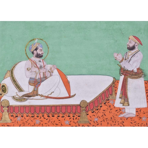 354 - Indian School, 19th/20th century, Shah with nobleman, gouache with gilding, 22.5 x 28cm