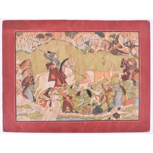 356 - Indian School, 19th century, a lion hunt, attacked from all quarters whilst devouring a servant, gou... 