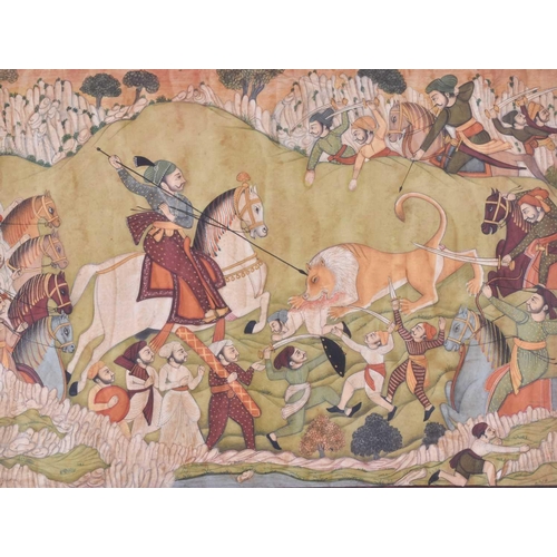 356 - Indian School, 19th century, a lion hunt, attacked from all quarters whilst devouring a servant, gou... 