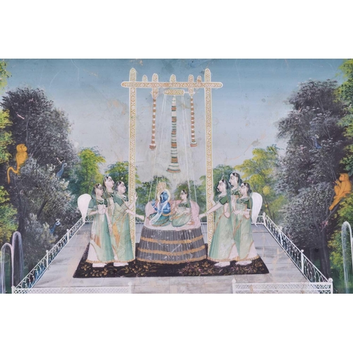 357 - Indian School, 19th century, Krishna and Radha upon a raised dias surrounded by Gopi, in forest land... 