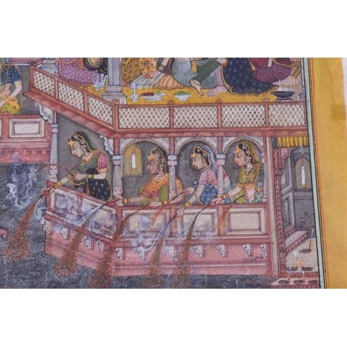 359 - Indian Kishangarh School, 19th century, celebrating the Holi festival, A maharaja in his hareem with... 