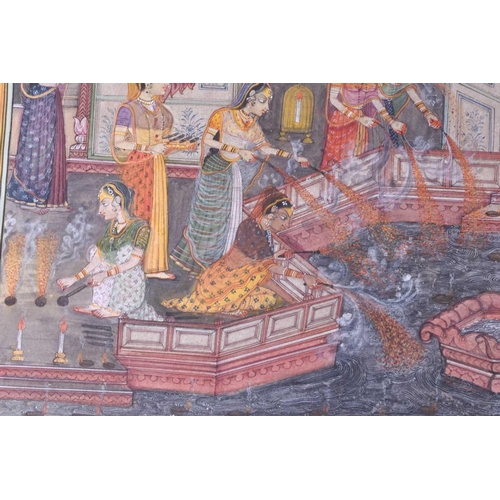 359 - Indian Kishangarh School, 19th century, celebrating the Holi festival, A maharaja in his hareem with... 