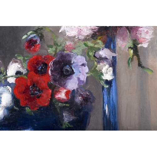 36 - 20th century school, a still life study of flowers in vases, oil on canvas, monogrammed 'EM', 62 cm ... 