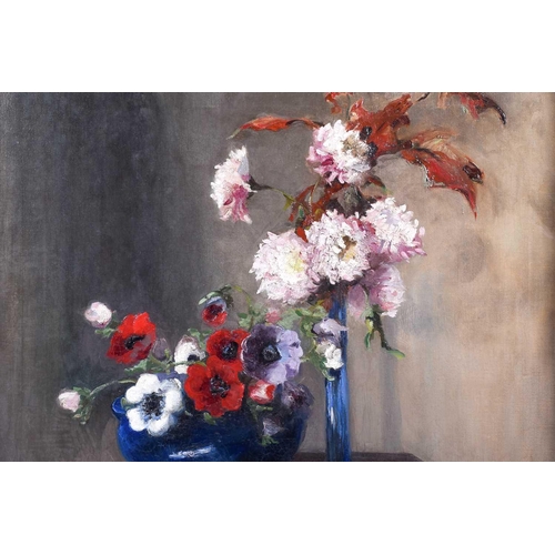 36 - 20th century school, a still life study of flowers in vases, oil on canvas, monogrammed 'EM', 62 cm ... 