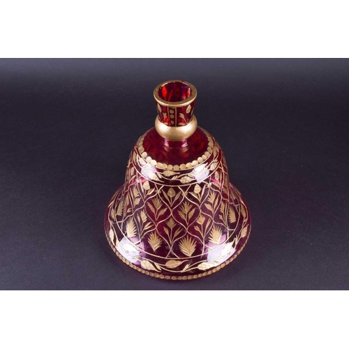 362 - A cranberry flash glass huqqa pipe bowl, the bell shape body with engraved leaves between bands of l... 