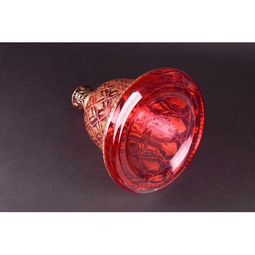 362 - A cranberry flash glass huqqa pipe bowl, the bell shape body with engraved leaves between bands of l... 