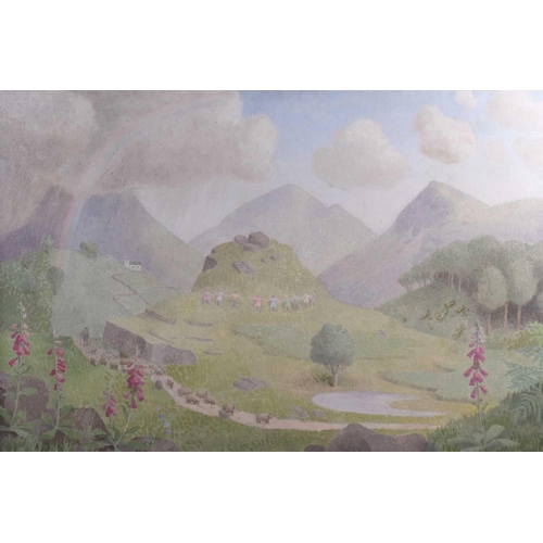 38 - Margaret Ovey (20th century), a large landscape study, a group of children dancing in mountainous la... 