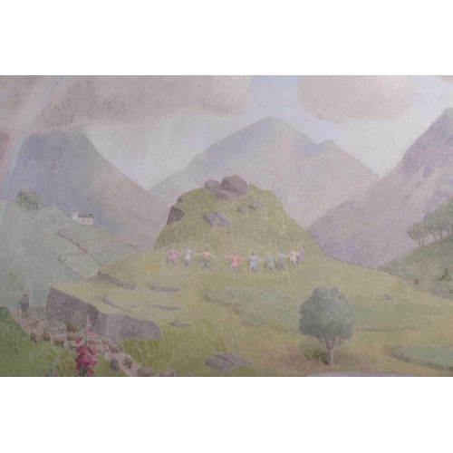 38 - Margaret Ovey (20th century), a large landscape study, a group of children dancing in mountainous la... 