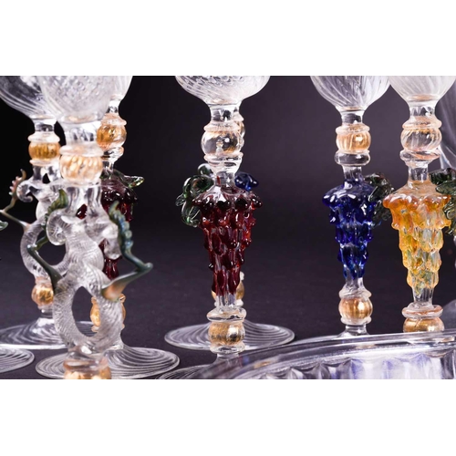 409 - A group of six hand blown Murano drinking glasses, with others similar, together with five Baccarat ... 