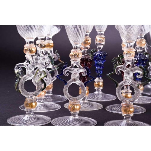 409 - A group of six hand blown Murano drinking glasses, with others similar, together with five Baccarat ... 