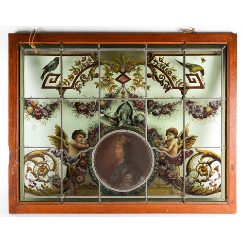 410 - A 19th century hand-painted stained glass window panel, depicting a portrait of King Philippe August... 