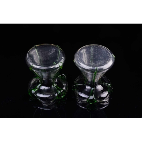 412 - A pair of early 20th century Stuart art nouveau glass posy vases, of squat waisted form, with applie... 