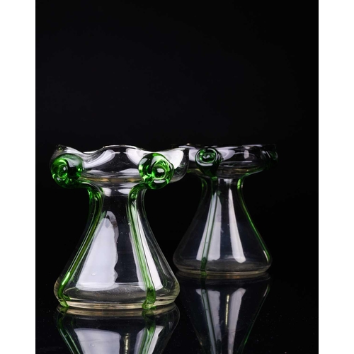 412 - A pair of early 20th century Stuart art nouveau glass posy vases, of squat waisted form, with applie... 