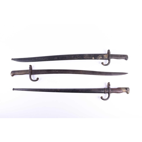 431 - Two French Model 1866 Yataghan Chassepot bayonet, one with engraved back 'Mre Imple de St Etienne Ma... 