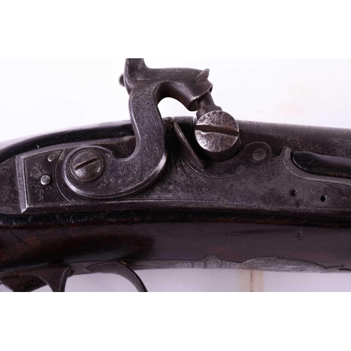 438 - H Nock, an 18 bore double barrel shotgun, with damascened barrels, stamped to the underside H N Pate... 