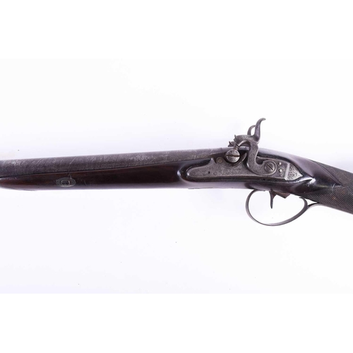 438 - H Nock, an 18 bore double barrel shotgun, with damascened barrels, stamped to the underside H N Pate... 