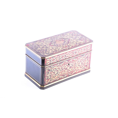 445 - A 19th century Boulle marquetry tea caddy, of rectangular form with canted corners, the interior wit... 