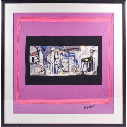 452 - After Pablo Picasso, a large silk scarf, 'Jeux de Plage', framed and glazed, 83 cm x 83 cm.