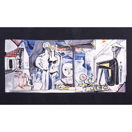 452 - After Pablo Picasso, a large silk scarf, 'Jeux de Plage', framed and glazed, 83 cm x 83 cm.