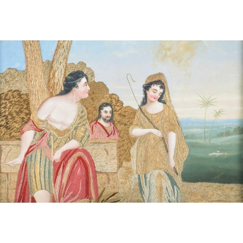 455 - The meeting of Jacob and Rachel, a 19th century silk work on canvas, with hand painted landscaped ba... 