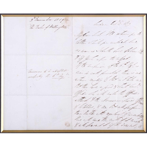 460 - Wellesley, Arthur, Duke of Wellington (1769-1852), a framed and glazed autographed letter, dated Dec... 