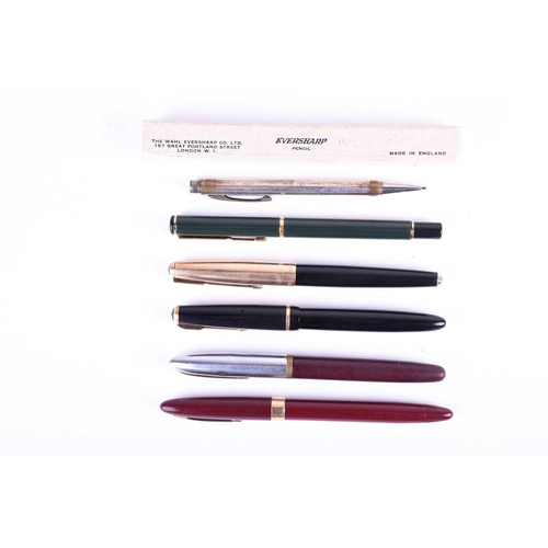 473 - A collection of pens, comprising a Parker Rolled Gold cap cartridge pen with 14K nib, a Parker ink s... 